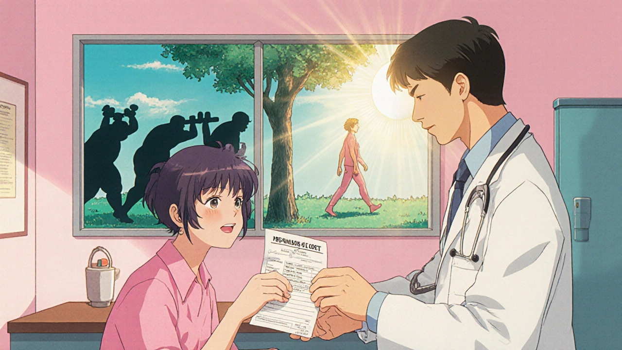 A doctor gives a prescription to a smiling patient, with contrasting images of prednisone and deflazacort effects in the background.