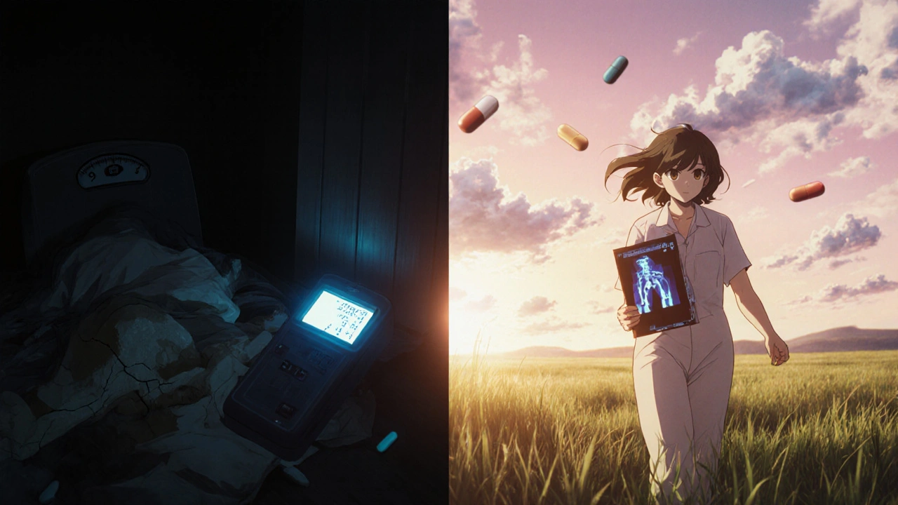 A patient&#039;s journey from illness to health: dark side shows weight gain and bone damage, light side shows strength and wellness in a sunlit field.