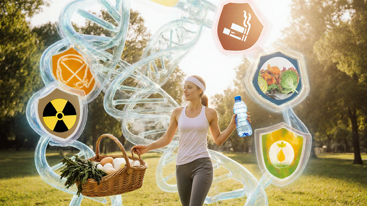 Active person carrying iodine‑rich foods with DNA helix and health icons.