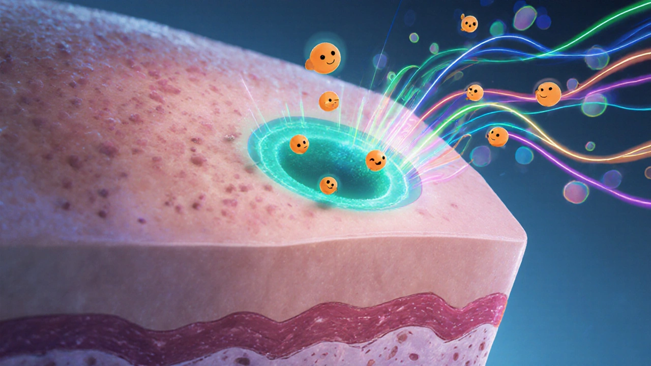 Animated cross‑section of a skin cell showing Adapalene molecules binding to RAR‑γ receptors and activating gene pathways.