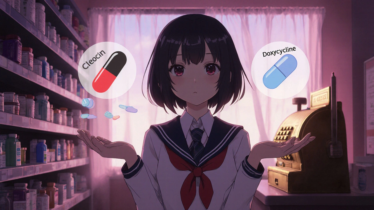 Anime patient holding Cleocin and doxycycline pills, with a subtle C. difficile silhouette above.
