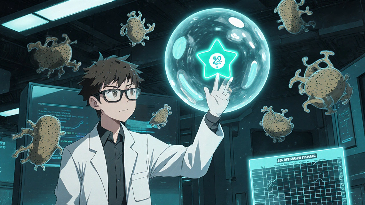 Anime researcher viewing a glowing clindamycin molecule attached to a bacterial ribosome in a lab.
