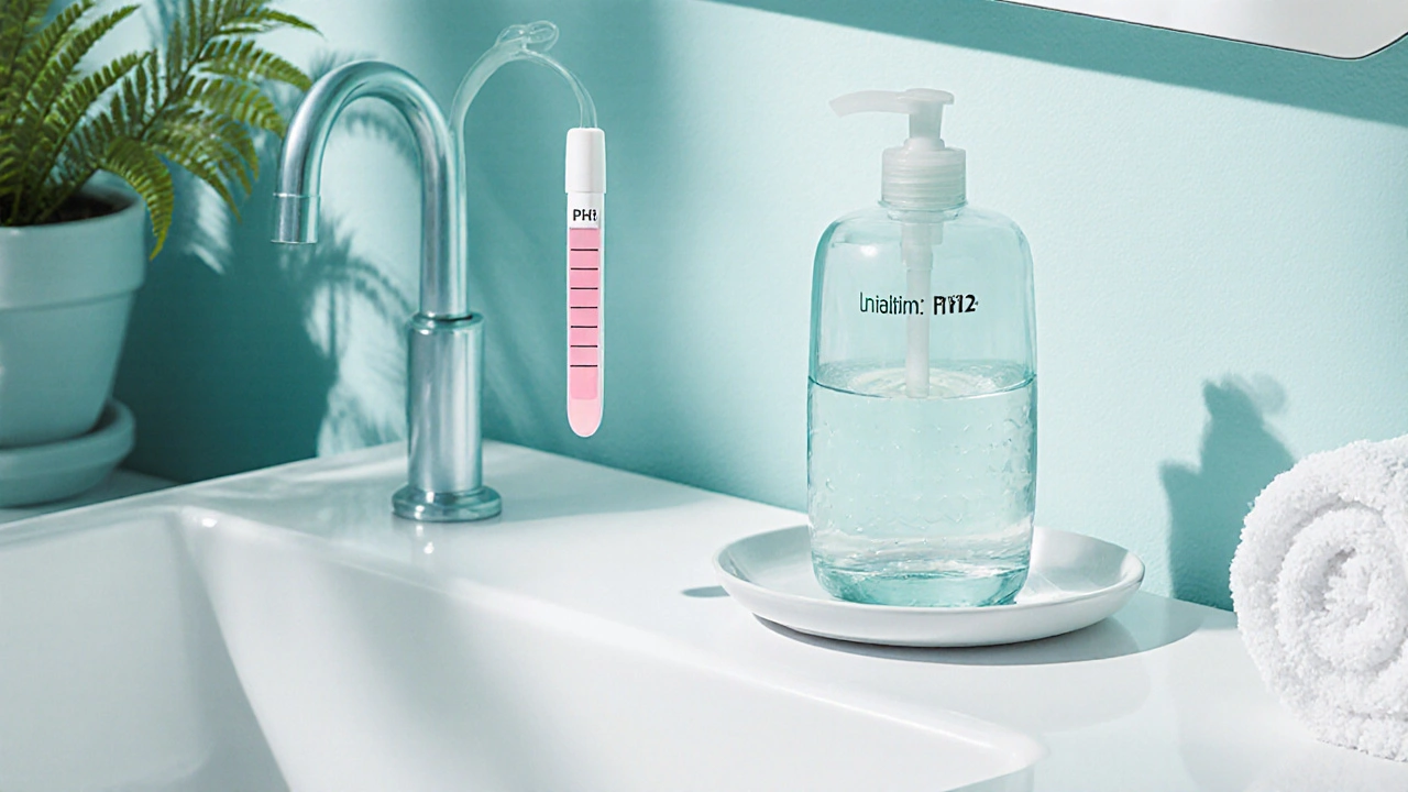 Bathroom scene with pH test strip and gentle cleanser showing healthy pH.