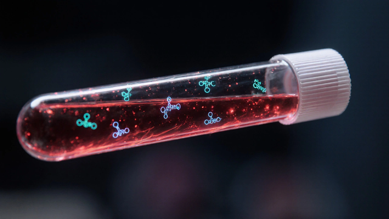 Close‑up of blood tube with glowing icons of thyroid markers inside.