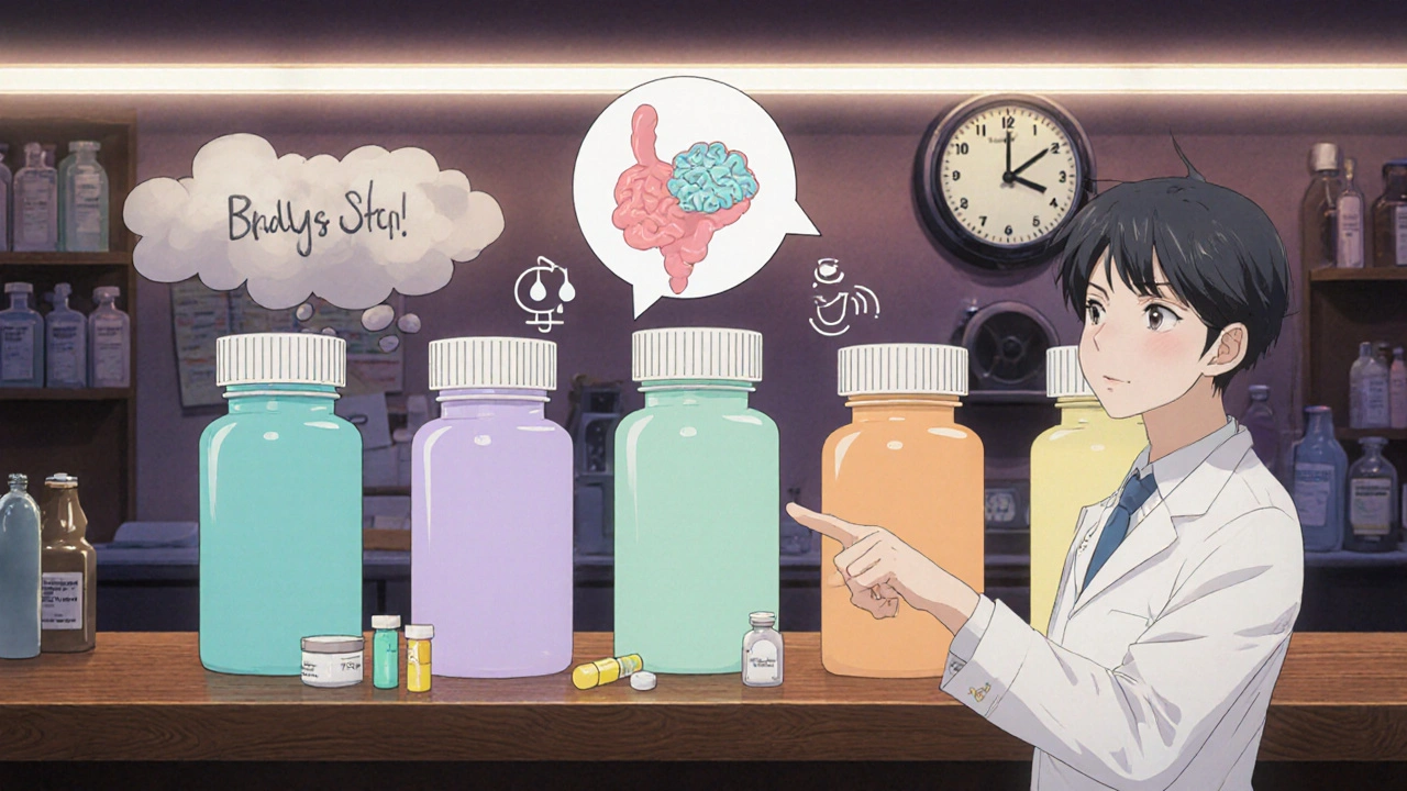 Colorful line of medication bottles with visual cues for side effects, guided by a friendly pharmacist.