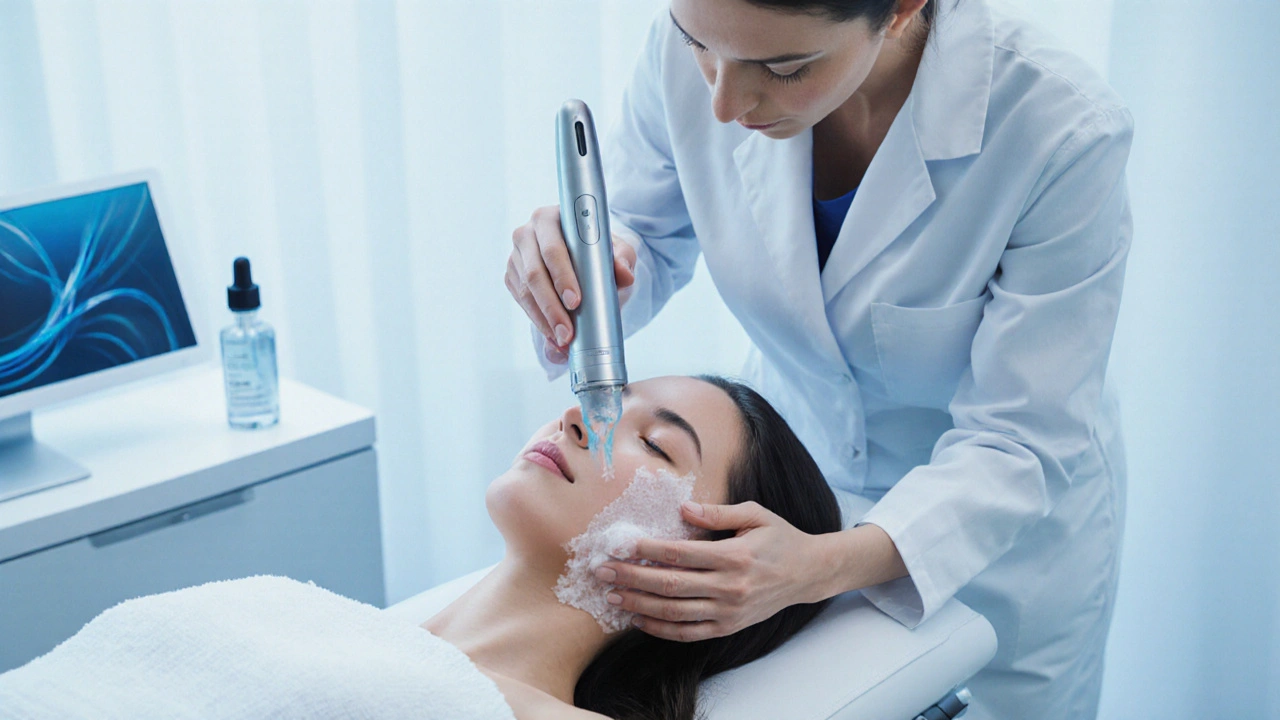 Dermatologist using a microdermabrasion wand on a patient in a clinic.