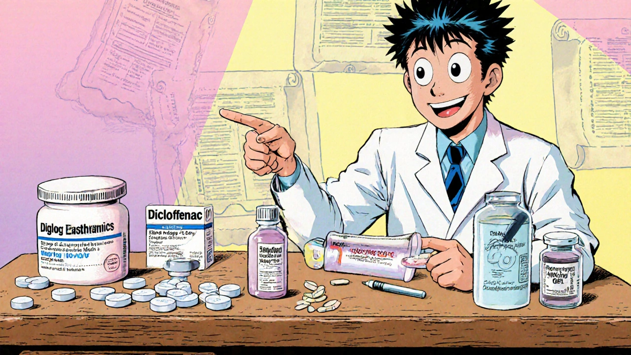 Desk displays tablets, gel, and injection vial with doctor pointing at each.