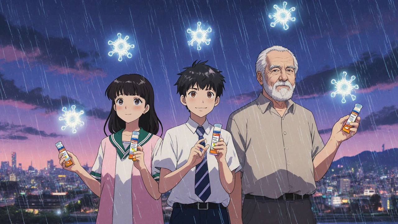 Diverse patients holding calcipotriene tubes as vitamin D3 molecules rise into a twilight sky, symbolizing healing.