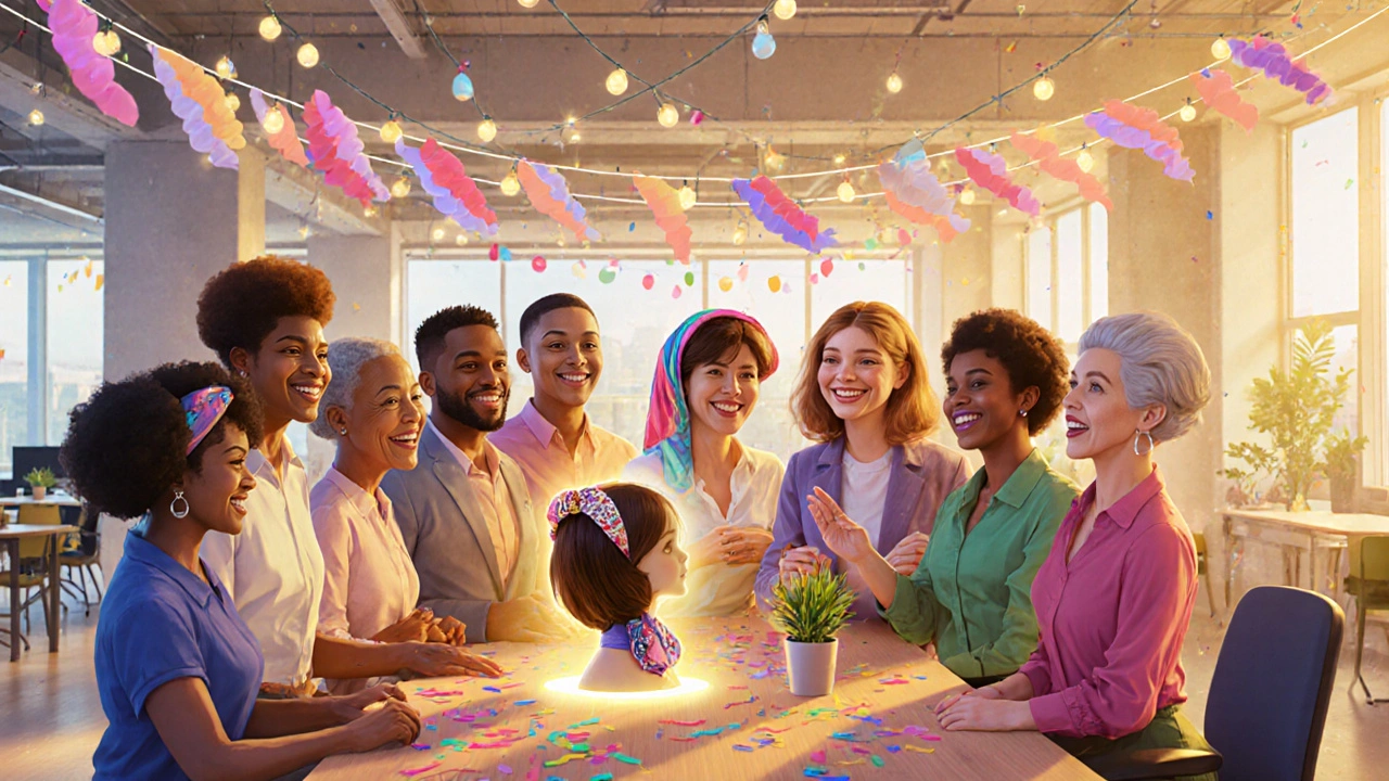 Diverse team celebrating an inclusive workplace, highlighting alopecia support.