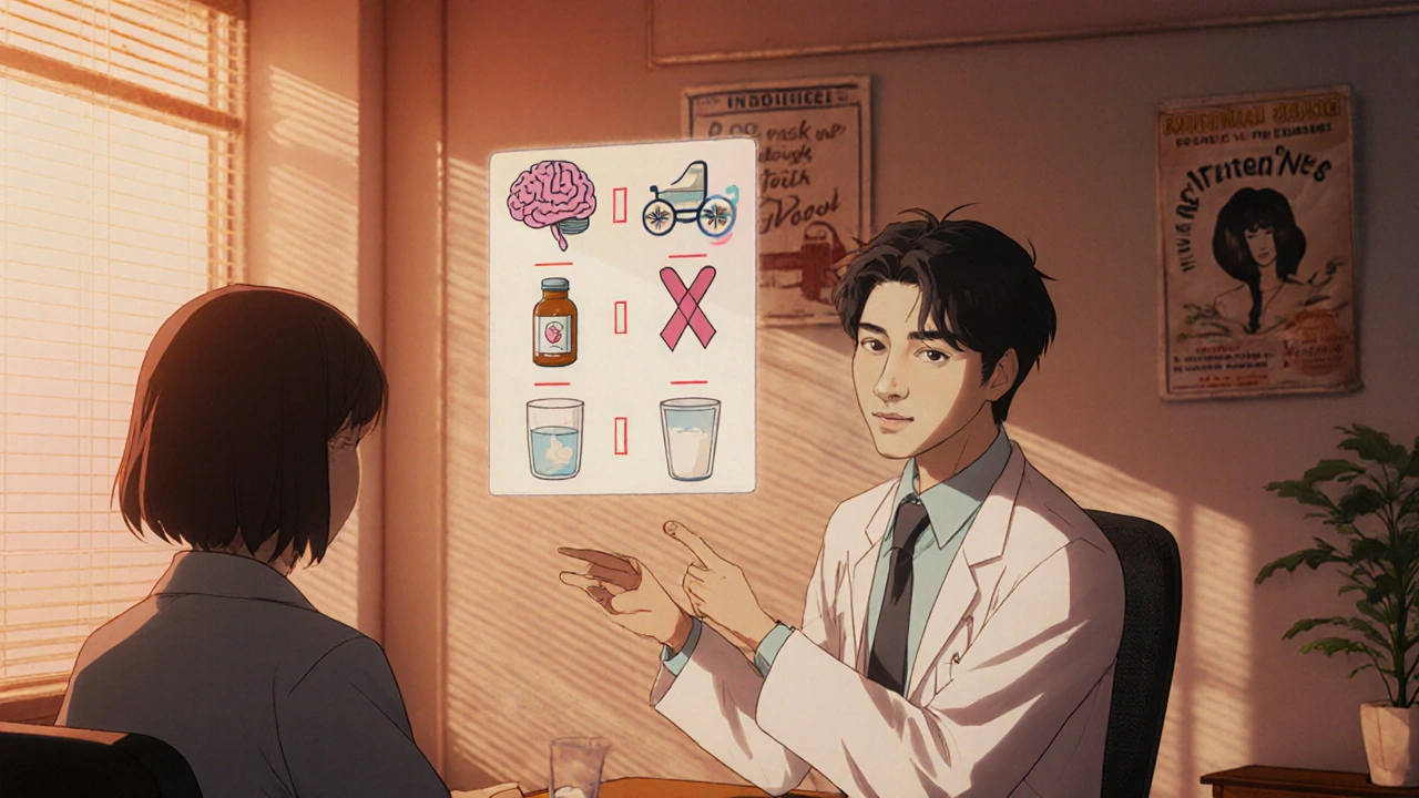 Doctor and patient discuss medication options with floating icons of brain, pill, and pregnancy.
