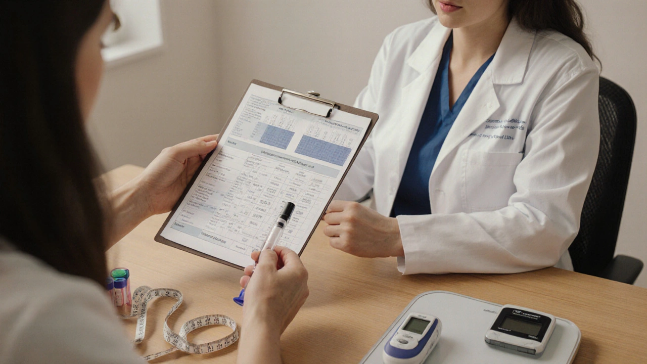 Doctor and patient discussing health monitoring with blood draw and weight scale.
