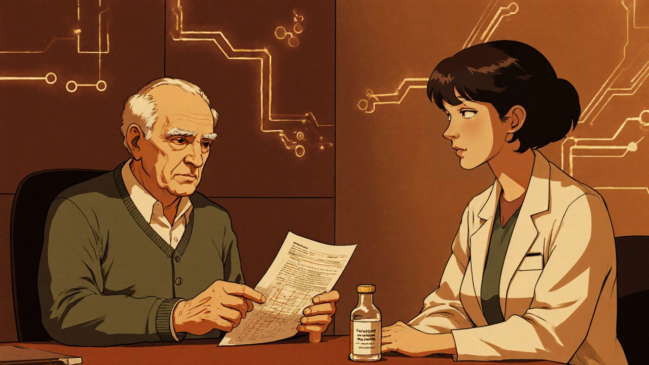 Doctor and patient reviewing blood tests with aspirin and valproate bottles on desk.