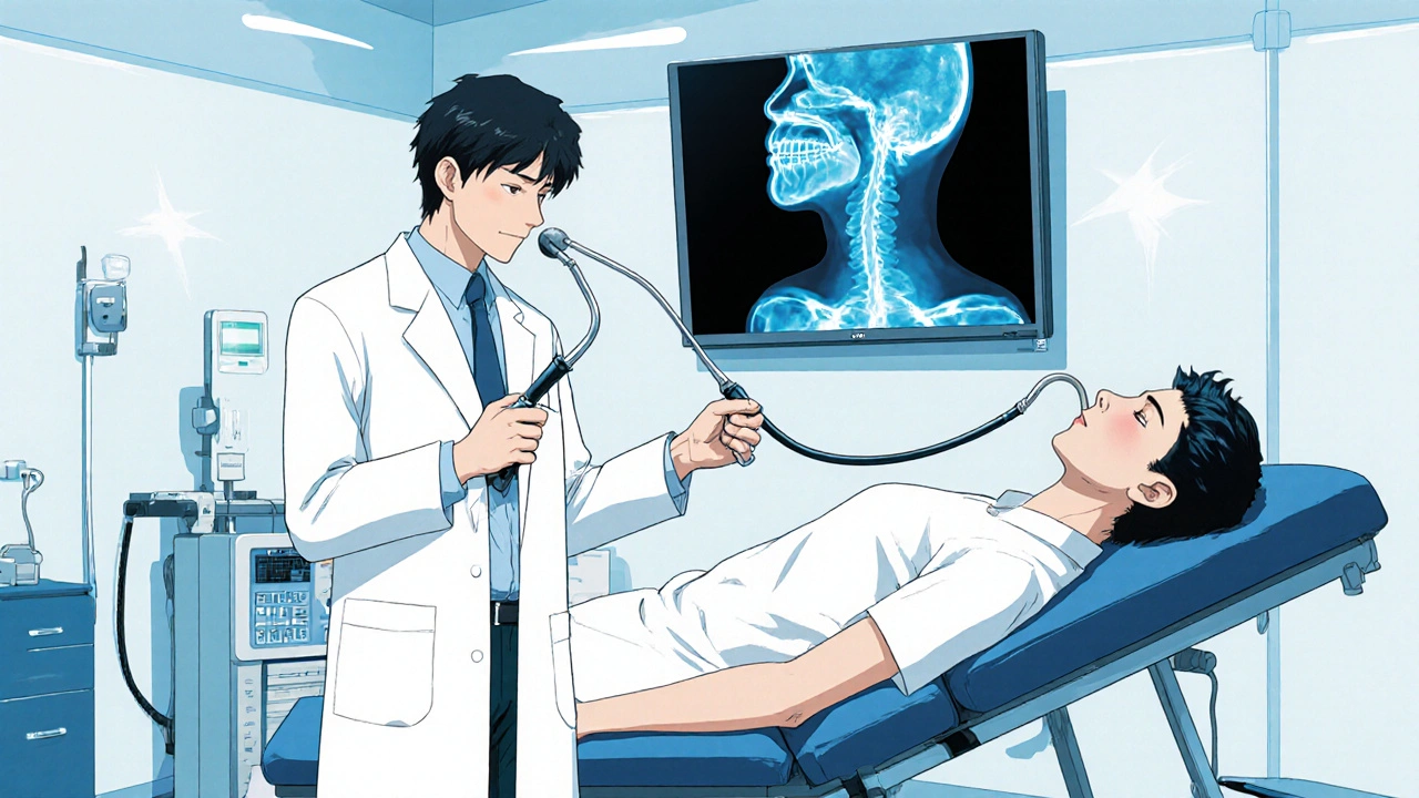 Doctor with endoscope and patient wearing pH monitor in a clinic room.