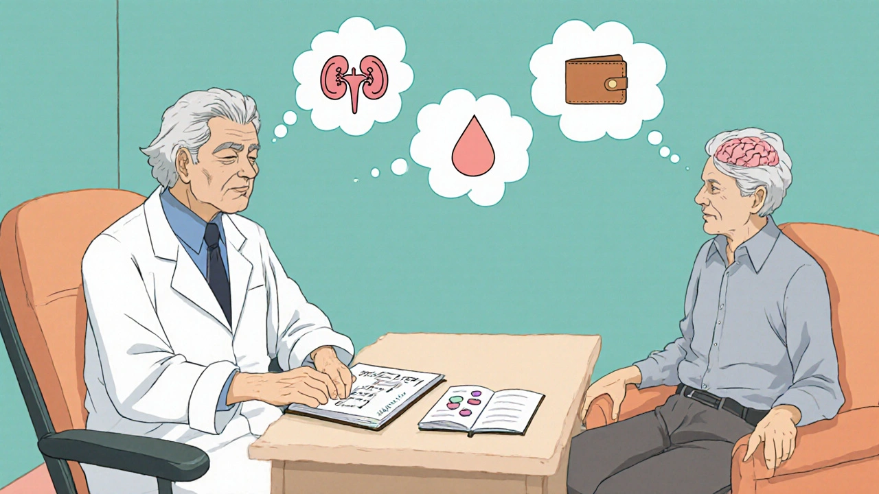 Elderly doctor and patient discussing treatment, thought bubbles show health factors.