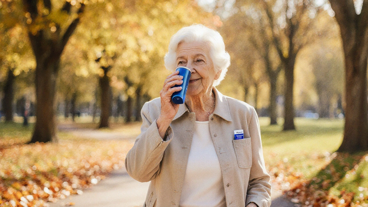 Elderly woman walking in a park, using a Spiriva inhaler, looking relieved.