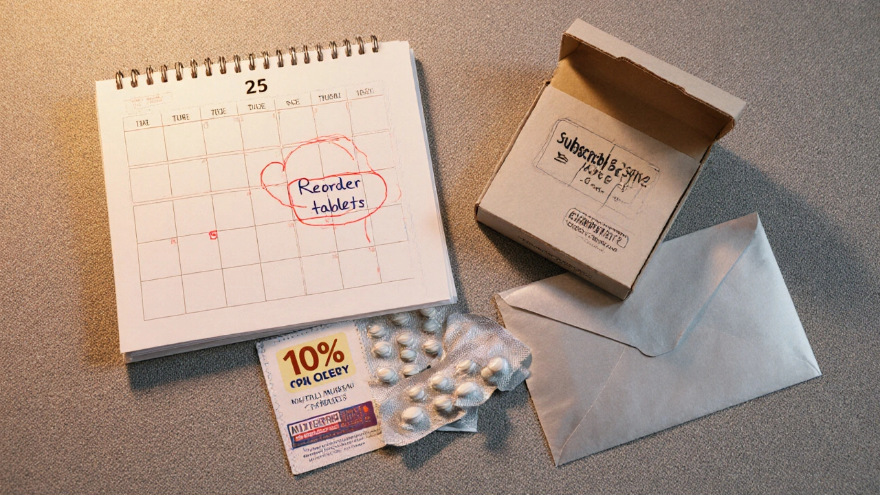 Flat‑lay of calendar reminder, subscription box of generic tablets, discount voucher.