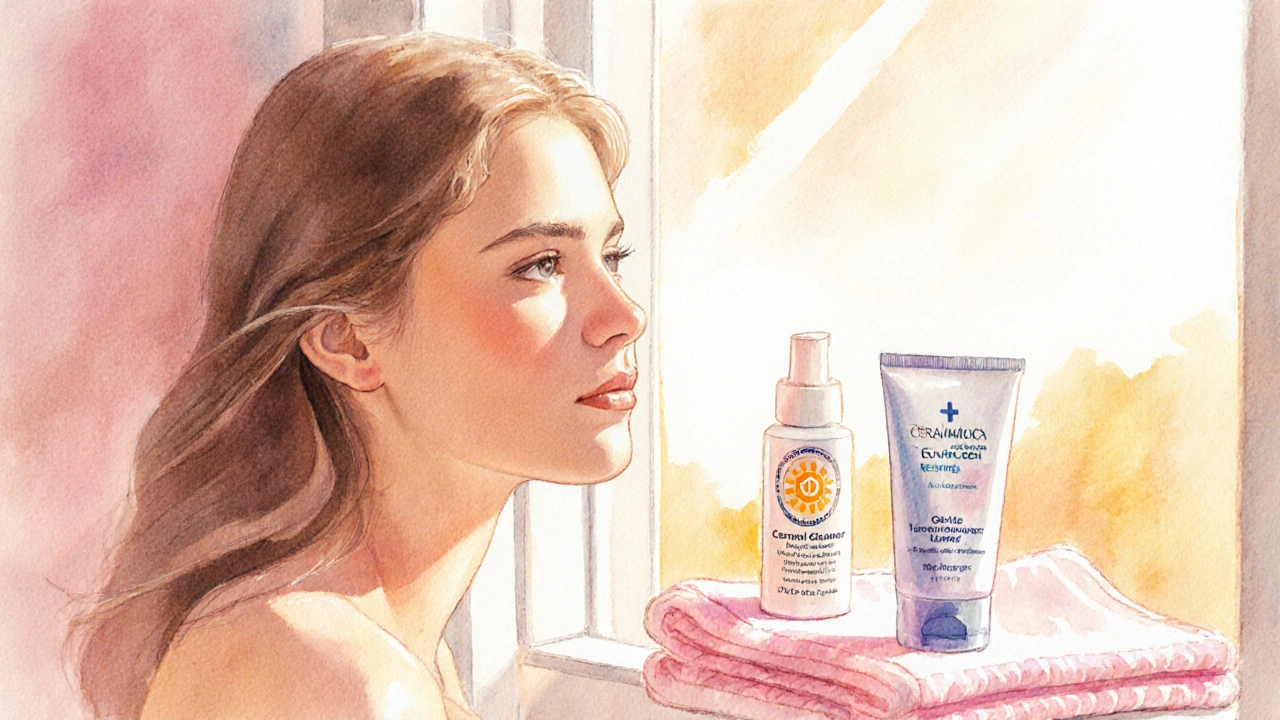 Glowing face with sunscreen, moisturizer, and cleanser suggesting post‑care routine.