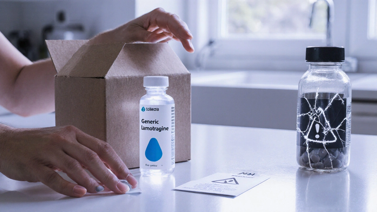Hands opening a box with a legitimate lamotrigine bottle and a warning silhouette.