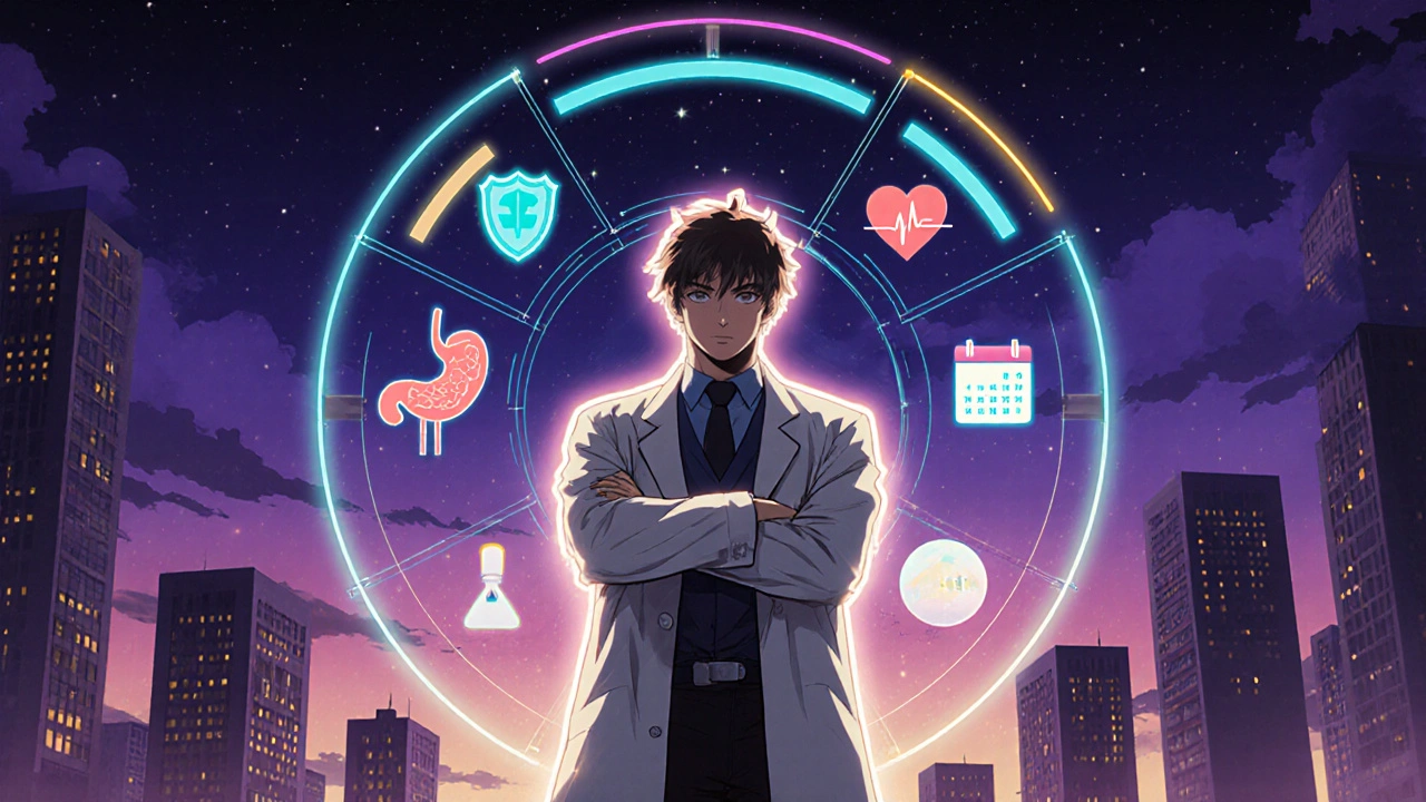 Heroic lab‑coat figure stands before icons for stomach, kidney, heart, and dosing schedule.