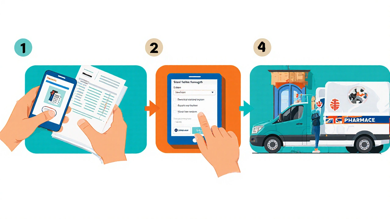 Illustrated steps: scanning prescription, selecting dosage, entering address, receiving delivery.
