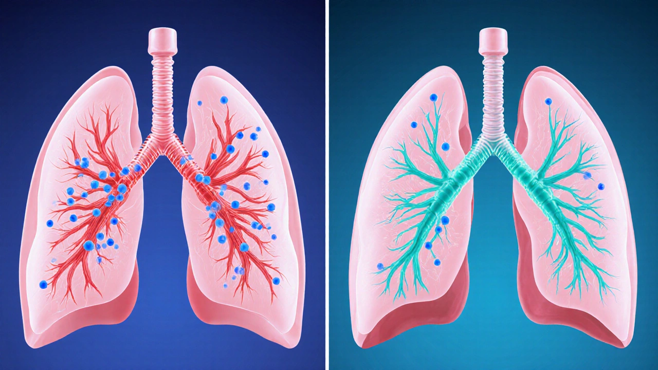 Illustration of lungs showing tiotropium blocking receptors for bronchodilation.