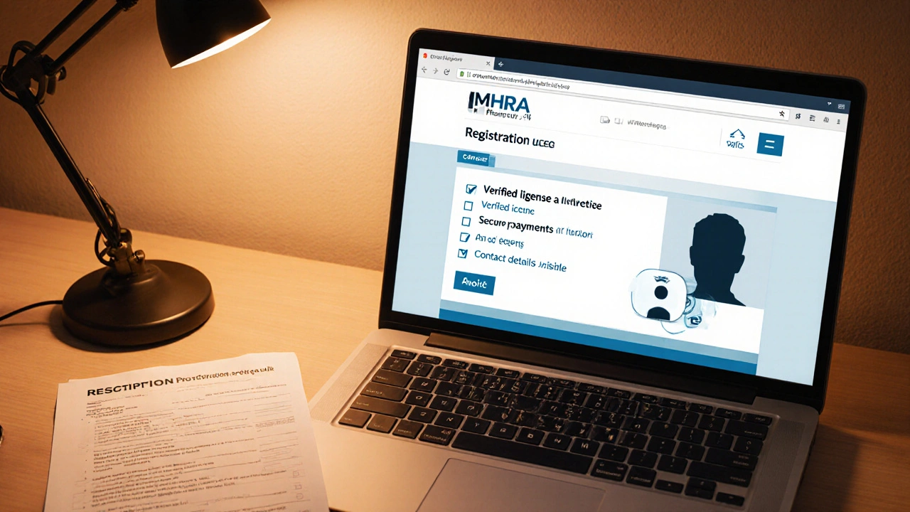 Laptop screen showing a secure online pharmacy checklist and scanned prescription.
