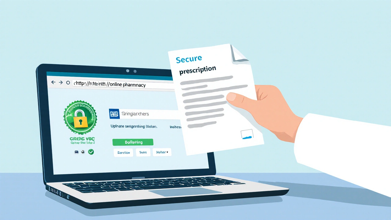Laptop showing secure NHS pharmacy check, pharmacist avatar with blurred prescription.