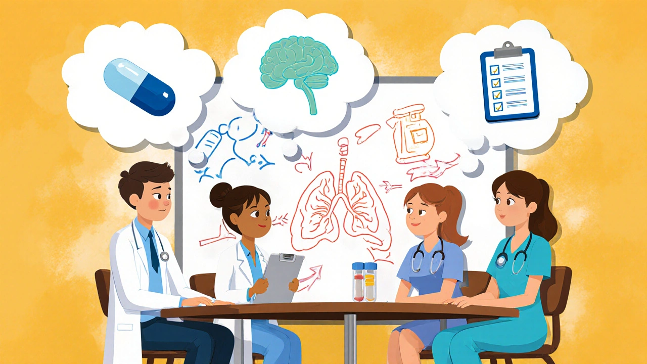 Medical team gathered around table with drug icons and checklist in a Pixar‑style illustration.