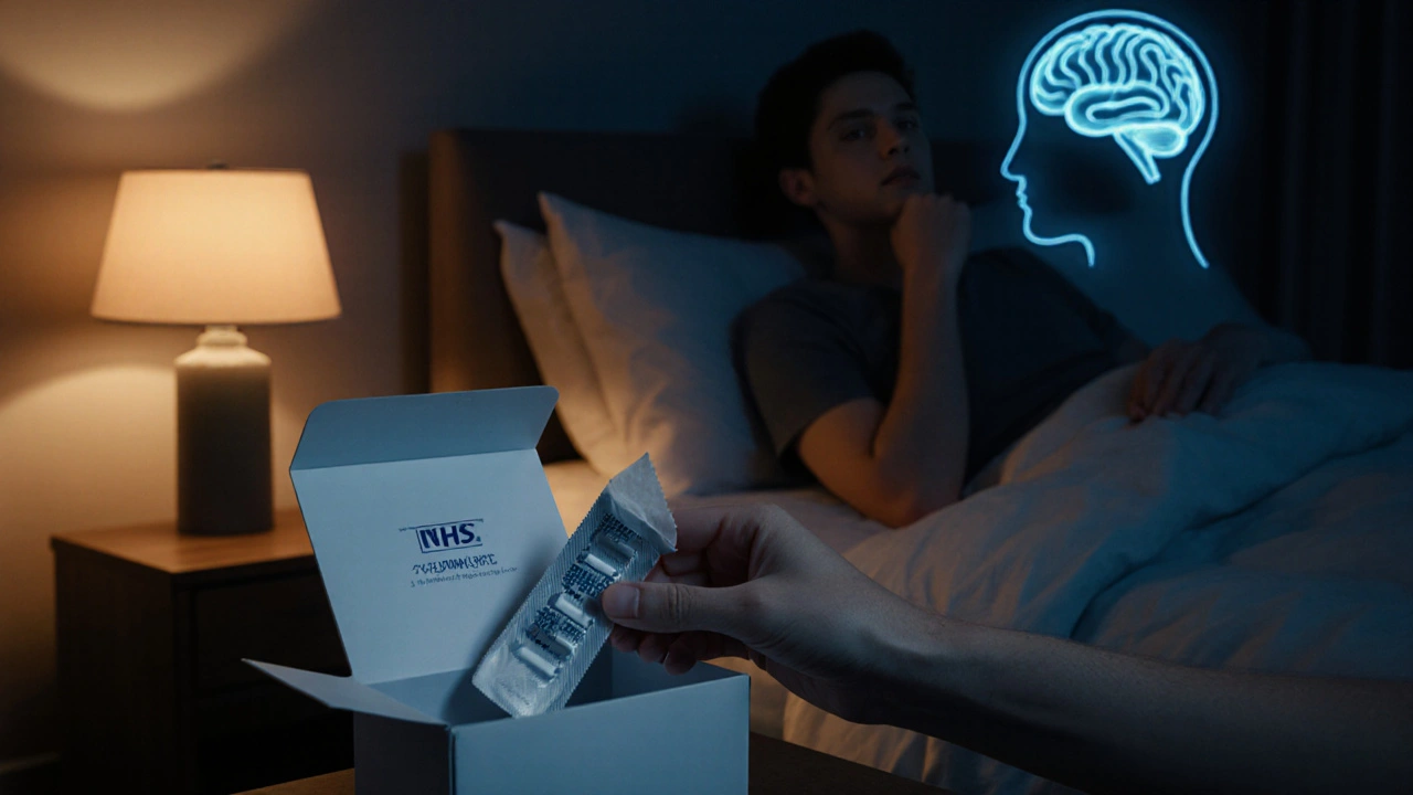 Nighttime scene of opening a delivery box revealing generic Wellbutrin tablets.