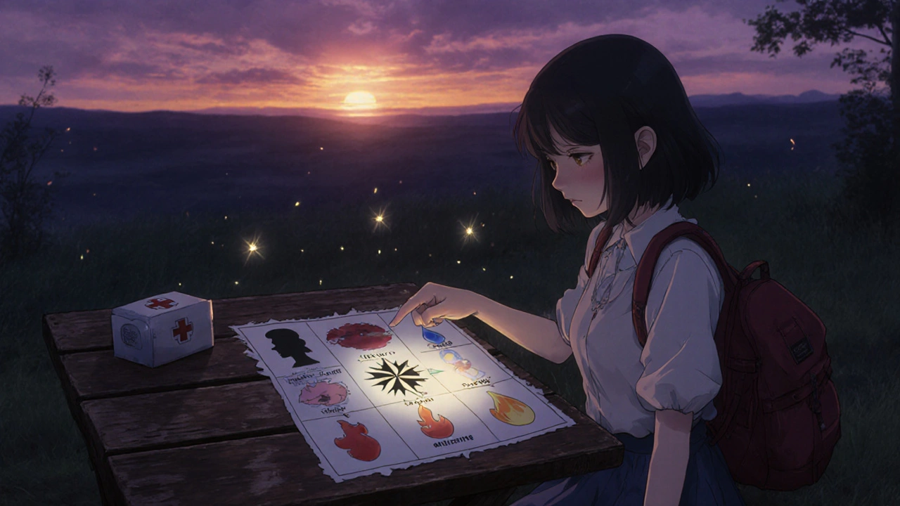 Outdoor dusk scene with heroine pointing at a decision chart, surrounded by first‑aid gear.
