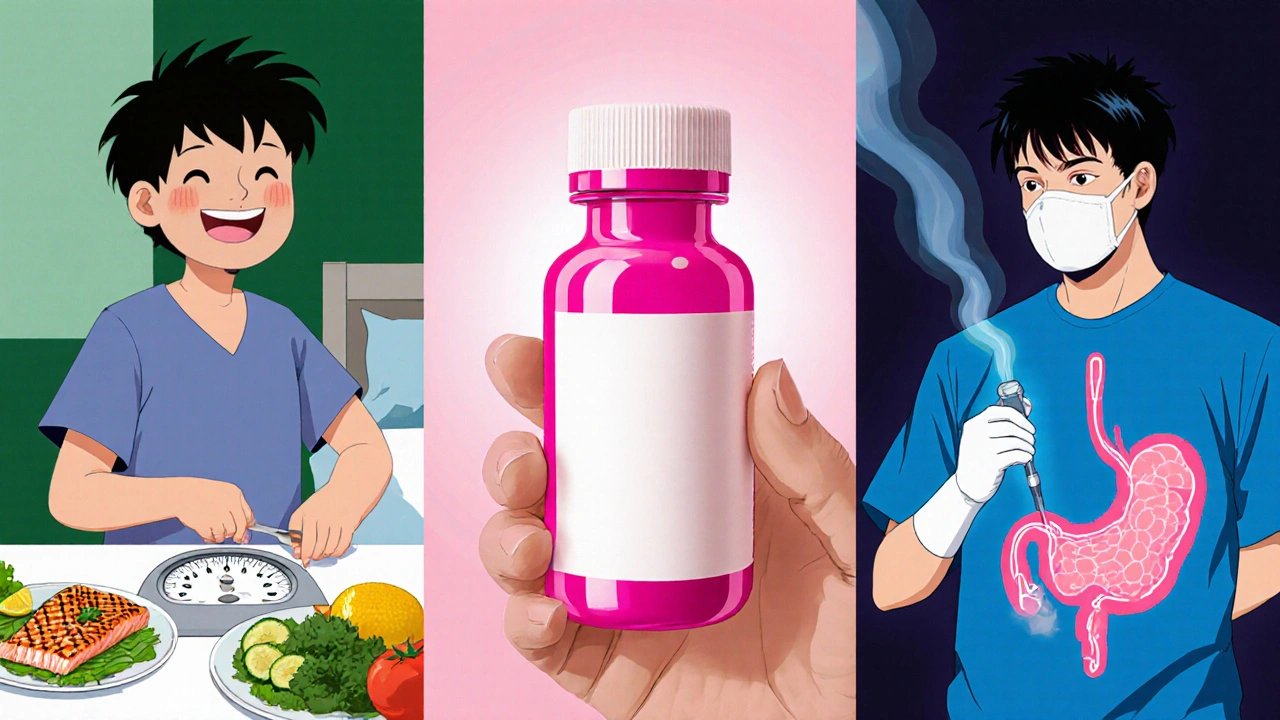 Panel showing healthy diet, medication bottle, and laparoscopic surgery for GERD.