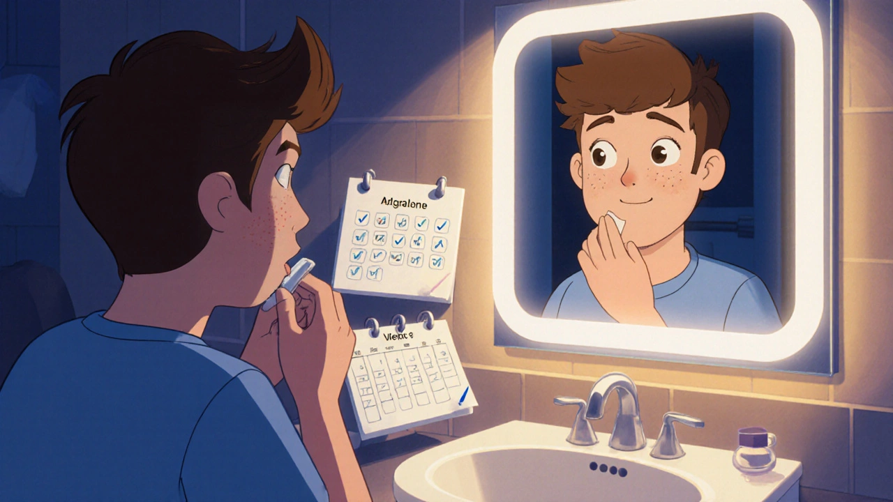 Pixar‑style teen applying Adapalene at night, then showing clearer skin after several weeks.