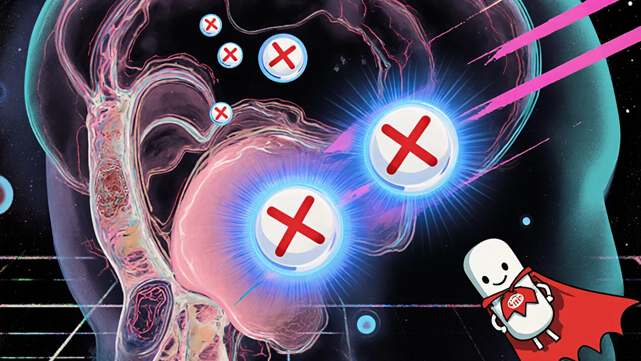 Retro anime brainstem diagram showing Compazine blocking dopamine at the CTZ.