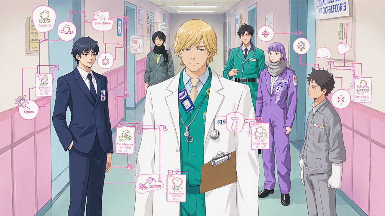 Retro anime decision tree with characters representing different antiemetic drugs.