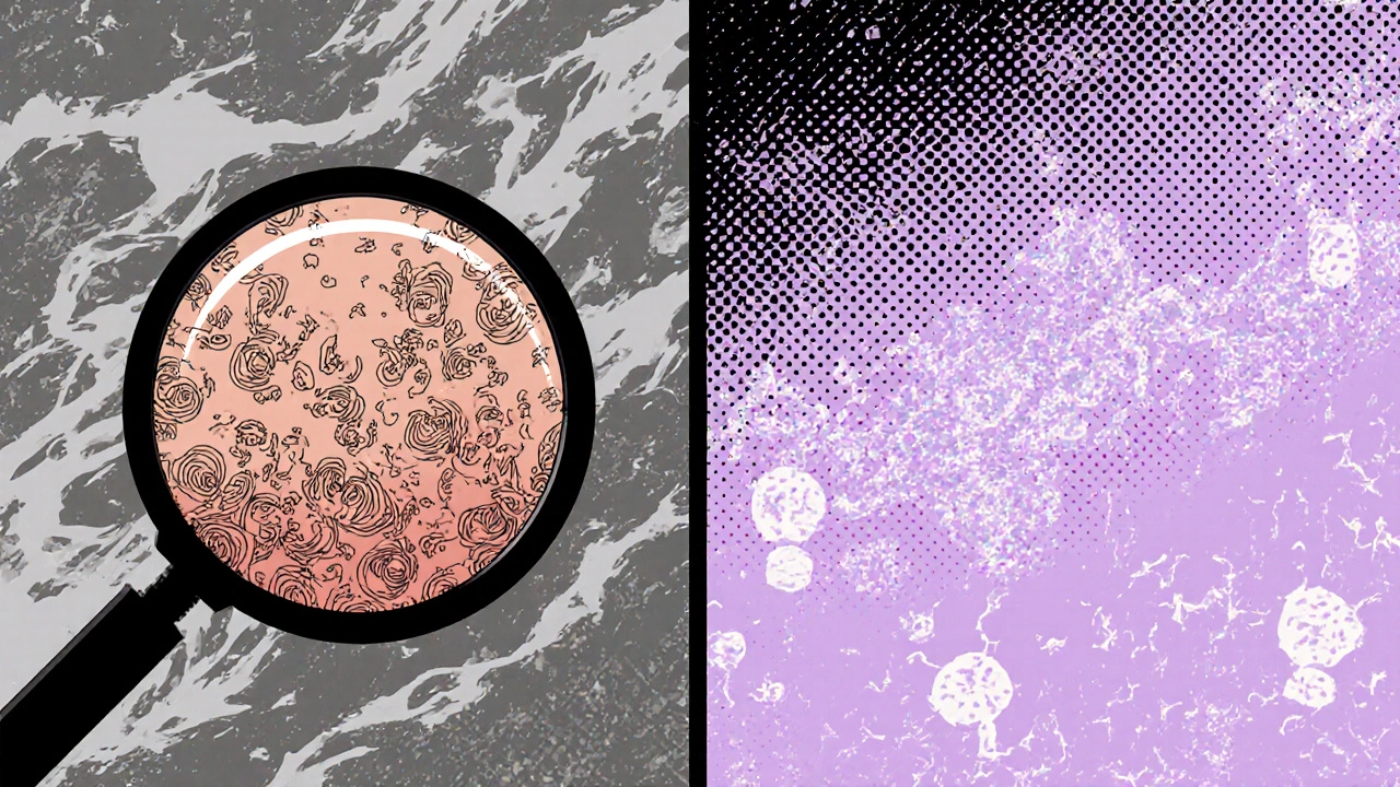 Split illustration showing chaotic skin cell growth versus orderly growth after calcipotriene treatment.