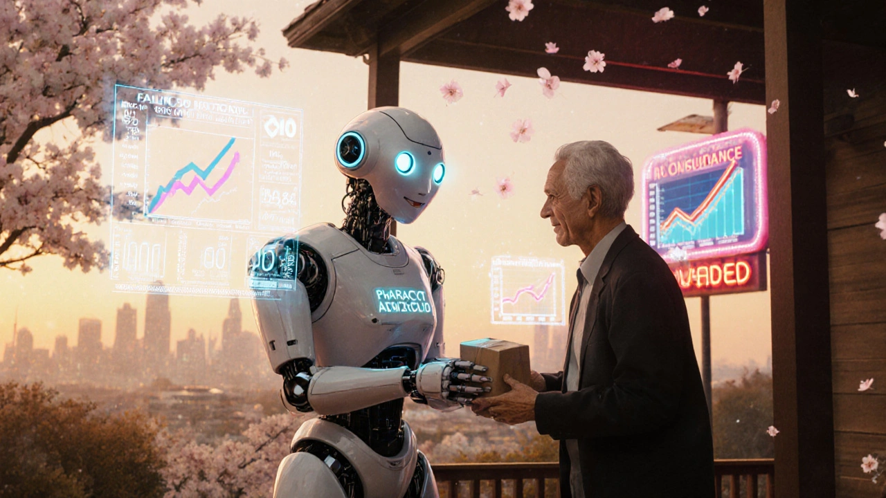 A friendly robot delivers medicine to an elderly man under glowing neon signs.