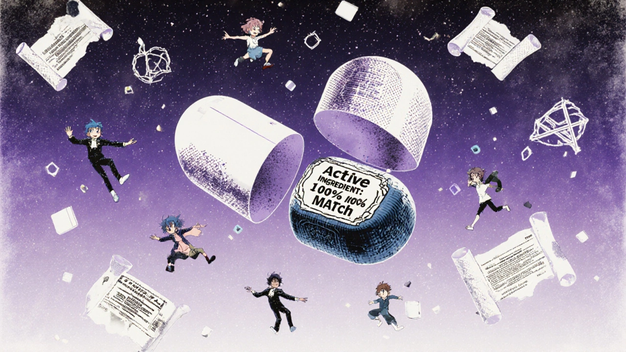 A giant pill splitting open to reveal identical inner cores with different outer shells.