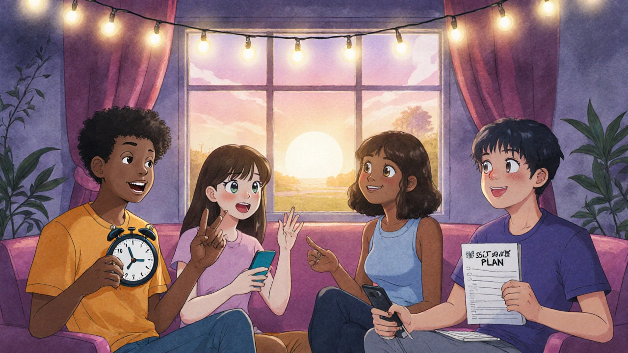 A group of students supporting each other with healthy study tools and sunrise lighting.