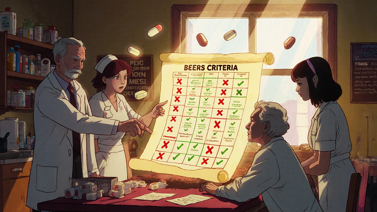 A medical team and family member review a glowing medication chart with warnings and safe alternatives.