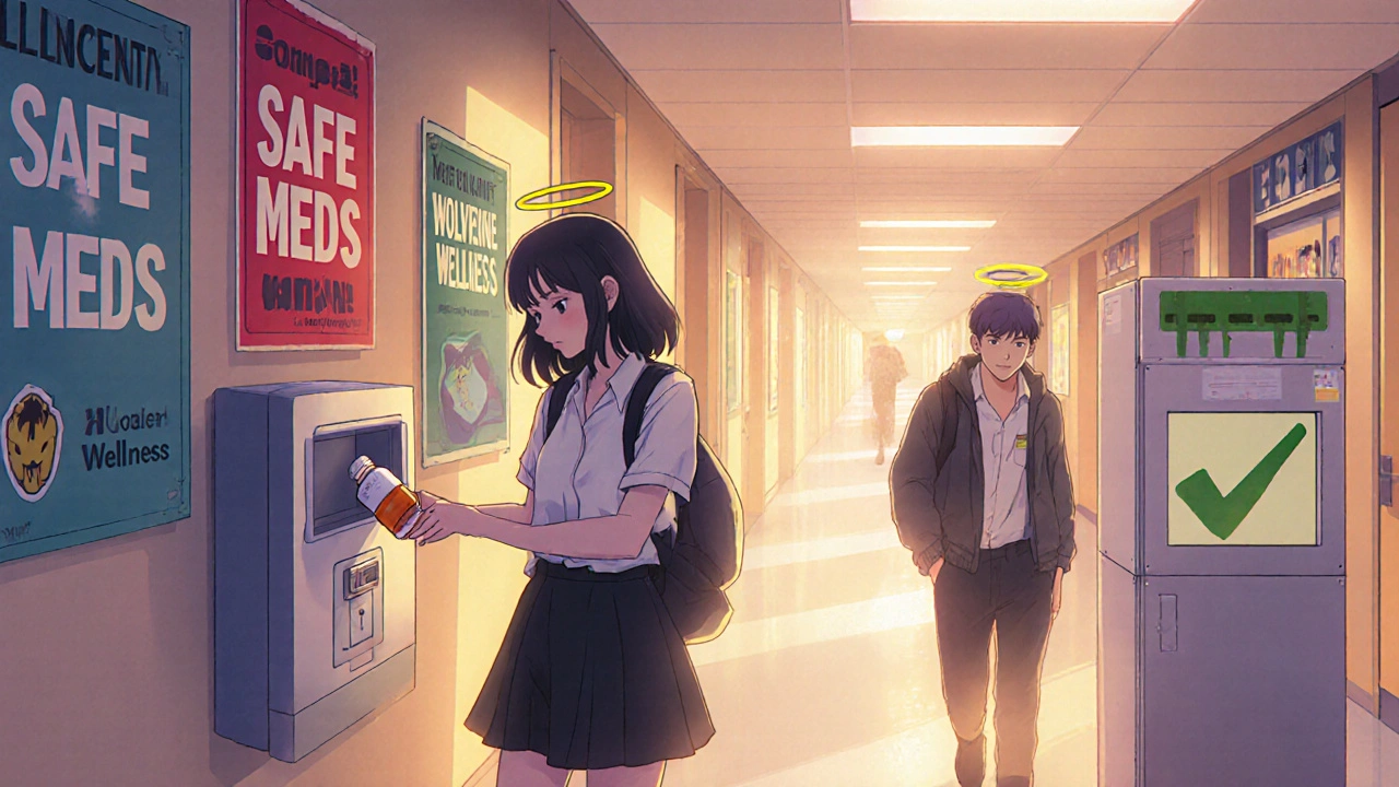 A student safely storing medication in a lockbox and disposing of pills at a campus kiosk.