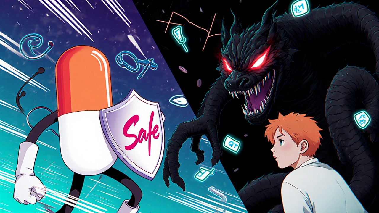 Amoxicillin hero battling clarithromycin monster in anime-style medical showdown with ECG elements.