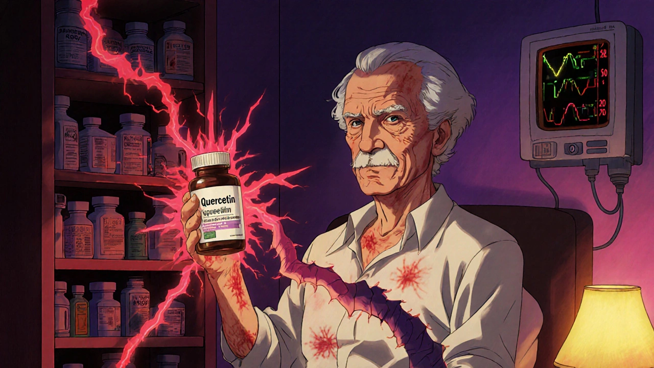 An elderly man holding a quercetin supplement as warning signs spread through his bloodstream in 80s anime style.
