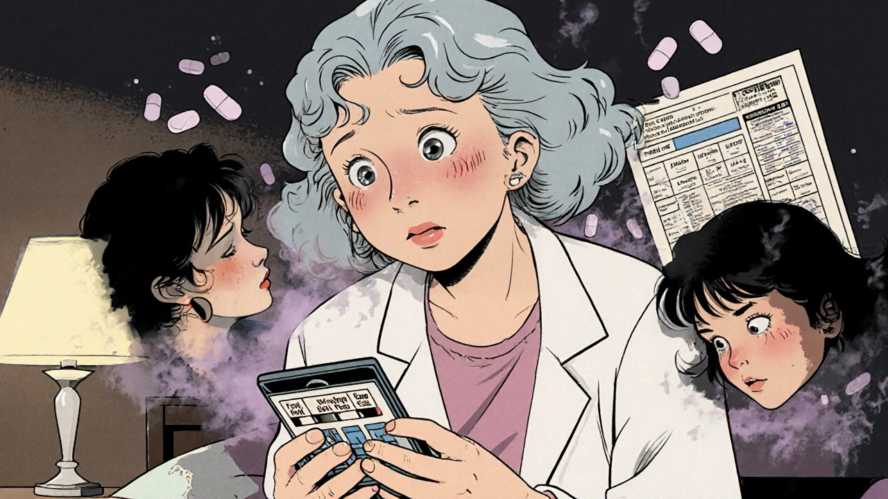 An older woman confused as shadowy versions of herself represent drug side effects, in vintage anime aesthetic.