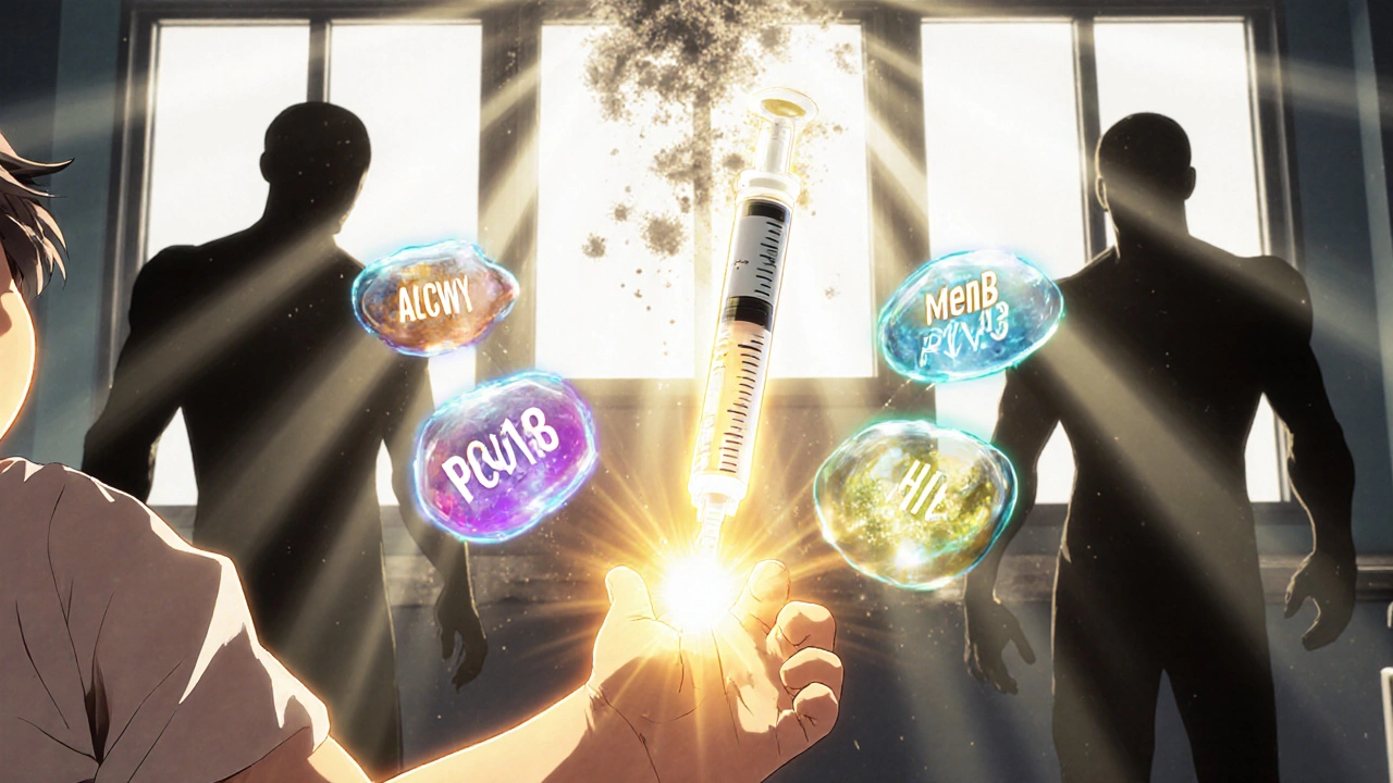 Child protected by glowing vaccine shields as bacteria dissolve in sunlight