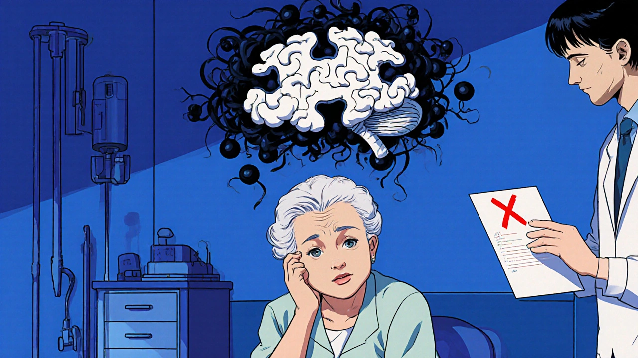 Dementia patient with fractured mind invaded by opioid molecules in hospital, retro anime style.