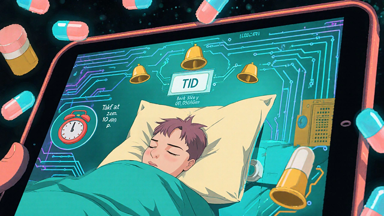 Digital app converts Latin abbreviations to plain English times with glowing pills and alarm bells.