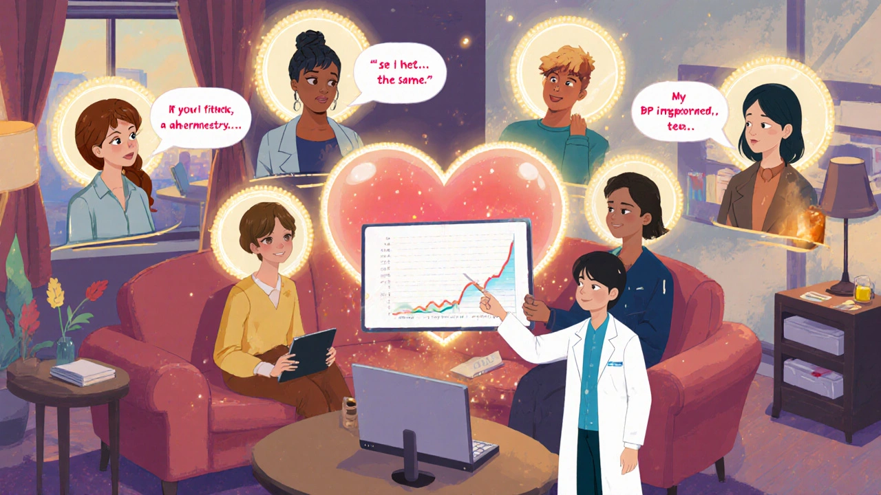Diverse people sharing stories in an online support group, with a pharmacist guiding them via floating data.