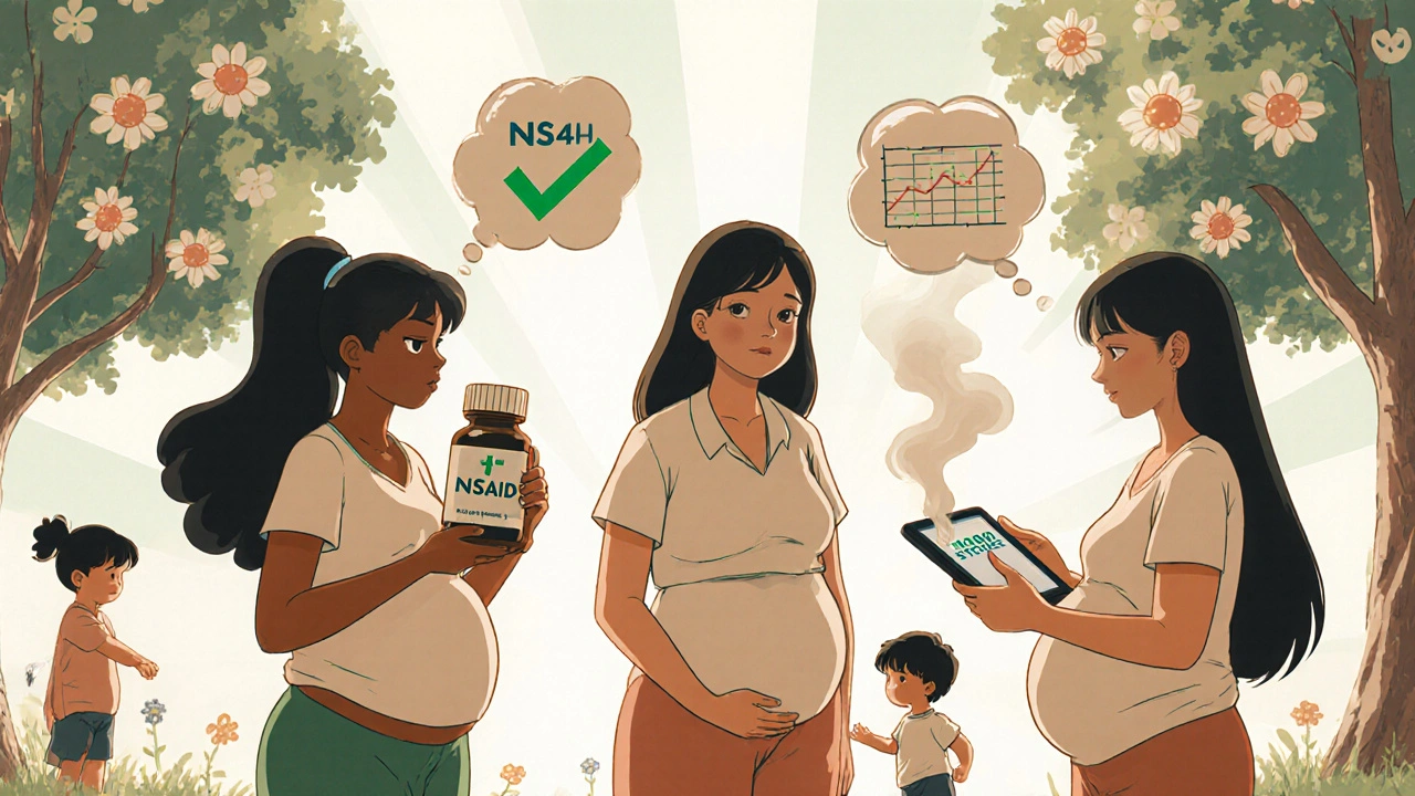 Diverse pregnant women in park with acetaminophen and NSAID symbols transforming in retro anime style.