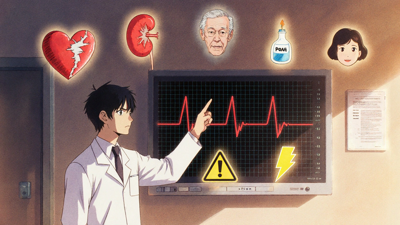Doctor pointing at ECG monitor showing prolonged QT interval with seven floating risk factor icons.