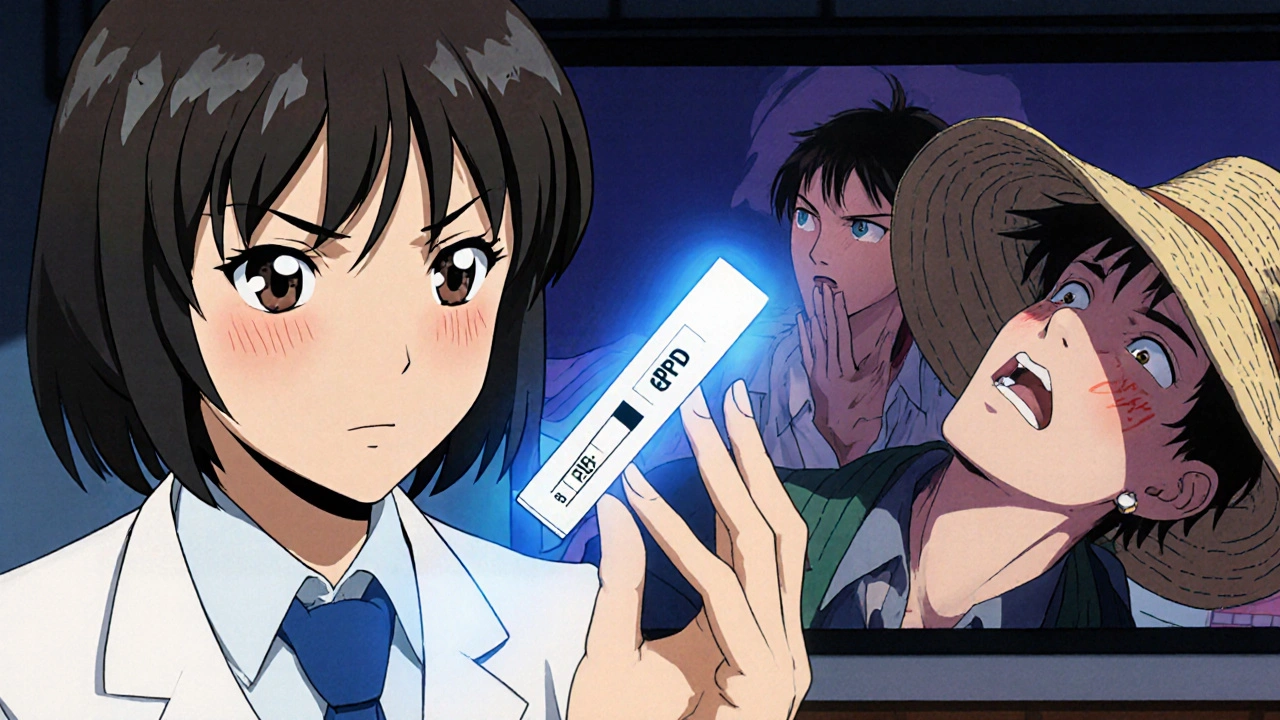 Doctor showing G6PD test while contrasting safe and dangerous malaria drug effects.